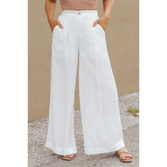 Azura Exchange  White Solid Color Elastic Waist Pleated Wide Leg Pants - Picture 8 of 8